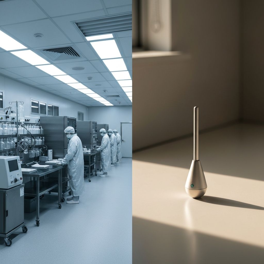 Traditional compounding cleanroom versus Bridge Labs device simplicity