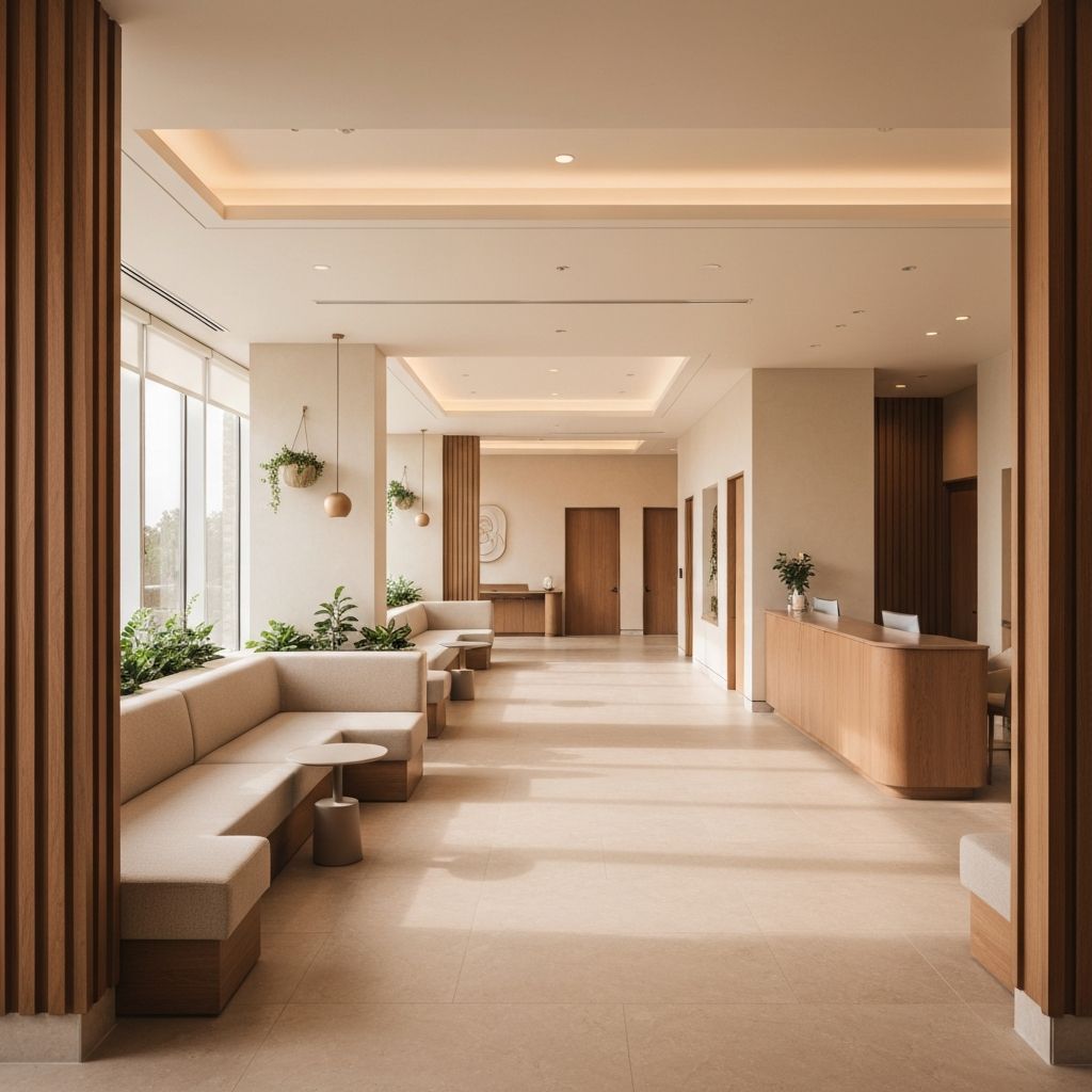 Modern wellness clinic interior with warm natural lighting and premium finishes