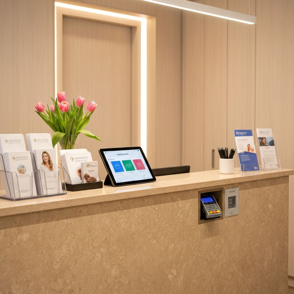 Modern clinic reception with business analytics on tablet