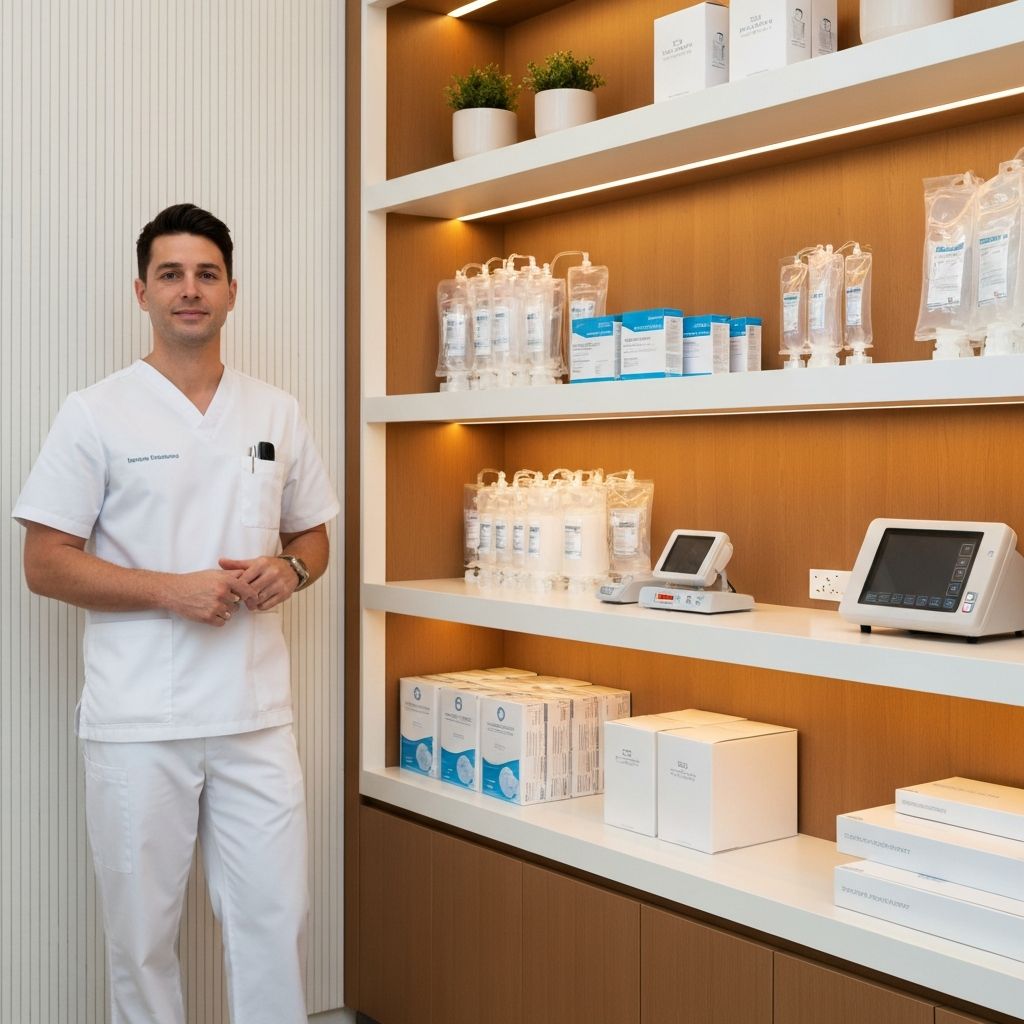 Healthcare clinician standing beside a well-organized medical supply shelf with pharmaceutical-grade IV supplies