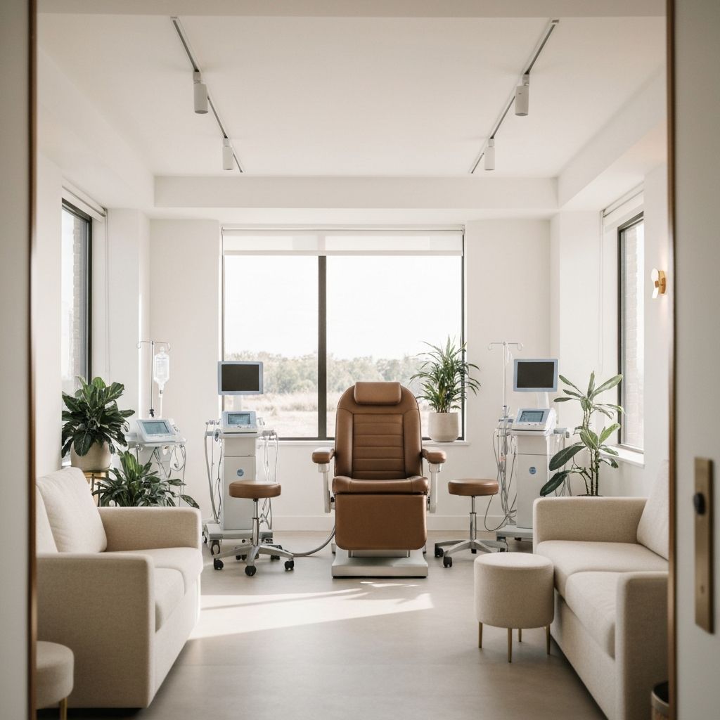 A modern luxury IV wellness clinic with premium furnishings and warm natural lighting
