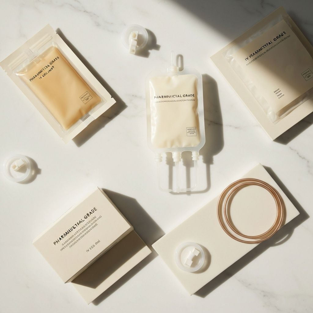 Premium pharmaceutical-grade IV therapy products arranged elegantly