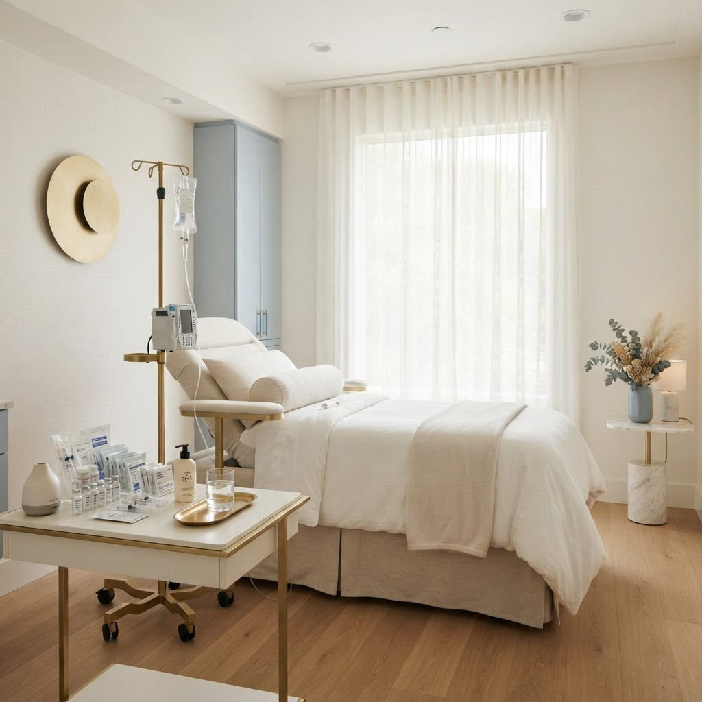 Elegant med spa treatment room with premium IV hydration and wellness supplies